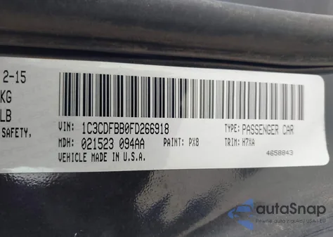 2015 Dodge Dart Sxt из США, поврежденный, VIN 1C3CDFBB0FD266918